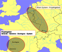 Map of the project area: Gironde-Garonne-Dordogne-system and the Rhine system