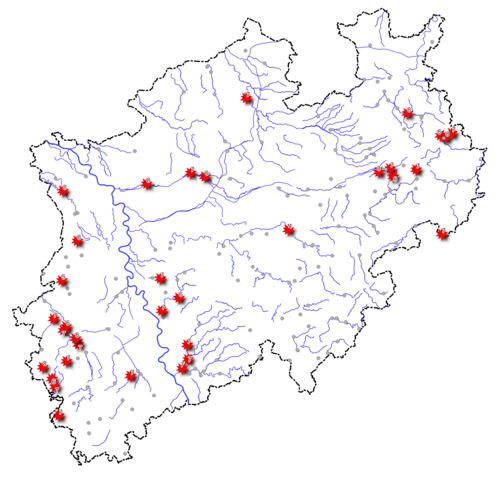 Pegel mit dem niedrigsten Wasserstand der letzten 5 Jahre im im aktuellen Jahr 2022 (rot), weitere Pegel grau (Stand 10.8.2022)