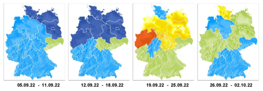 Karten: Niederschlag 4-Wochen-Trendprognose (5.9. bis 2.10.09.2022) des Deutschen Wetterdienstes von Fr. 2.9.2022
