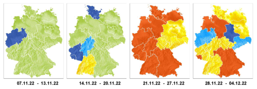 Karten: 4-Wochen-Trendprognose (7.11. bis 4.12.2022) des Deutschen Wetterdienstes von Fr. 4.11.2022